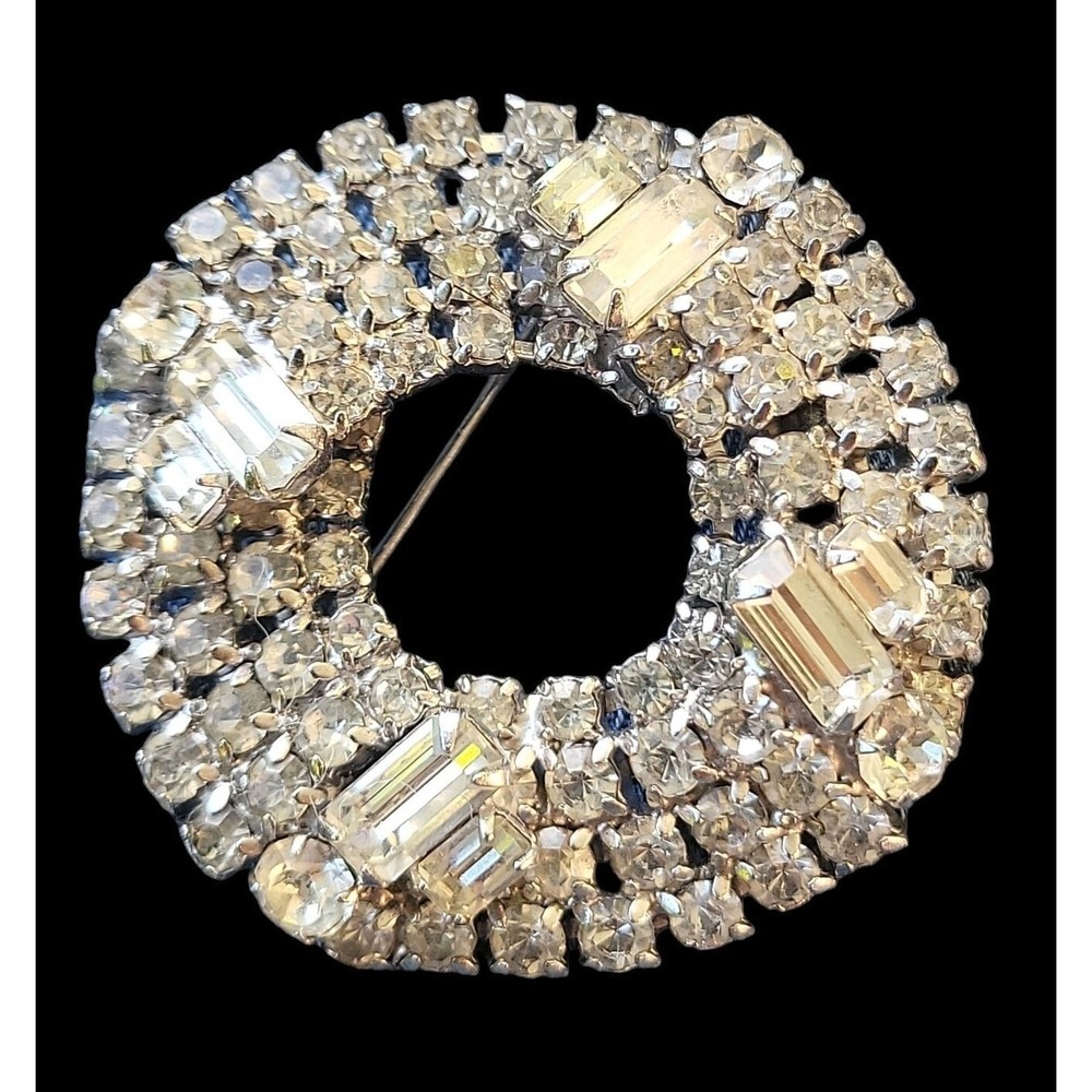 Kramer of New York Rhinestone Wavy Circle Wreath Vintage Brooch Pin Signed